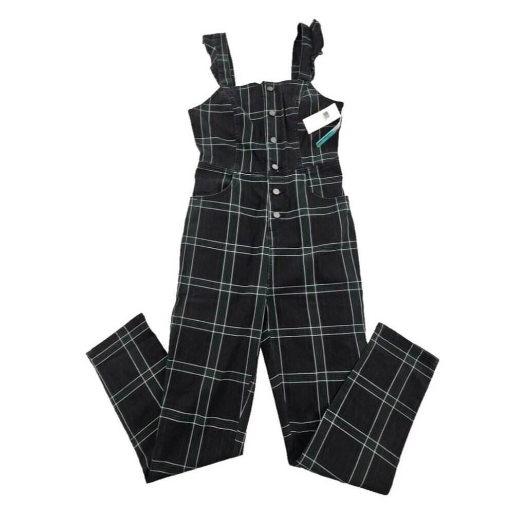 Tinseltown Frilly Bib Jumpsuit Women's M (28x28) NWT Holiday Green Plaid NEW